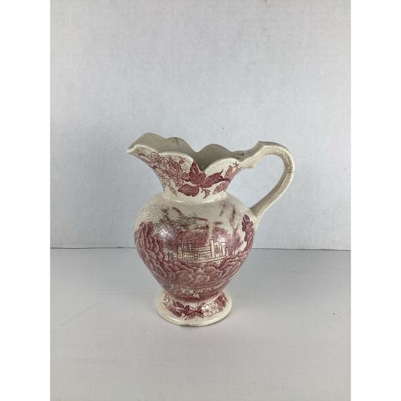Antique Johnson Brothers White Ironstone Red Transferware Flowers Castle Pitcher - Picture 2 of 6